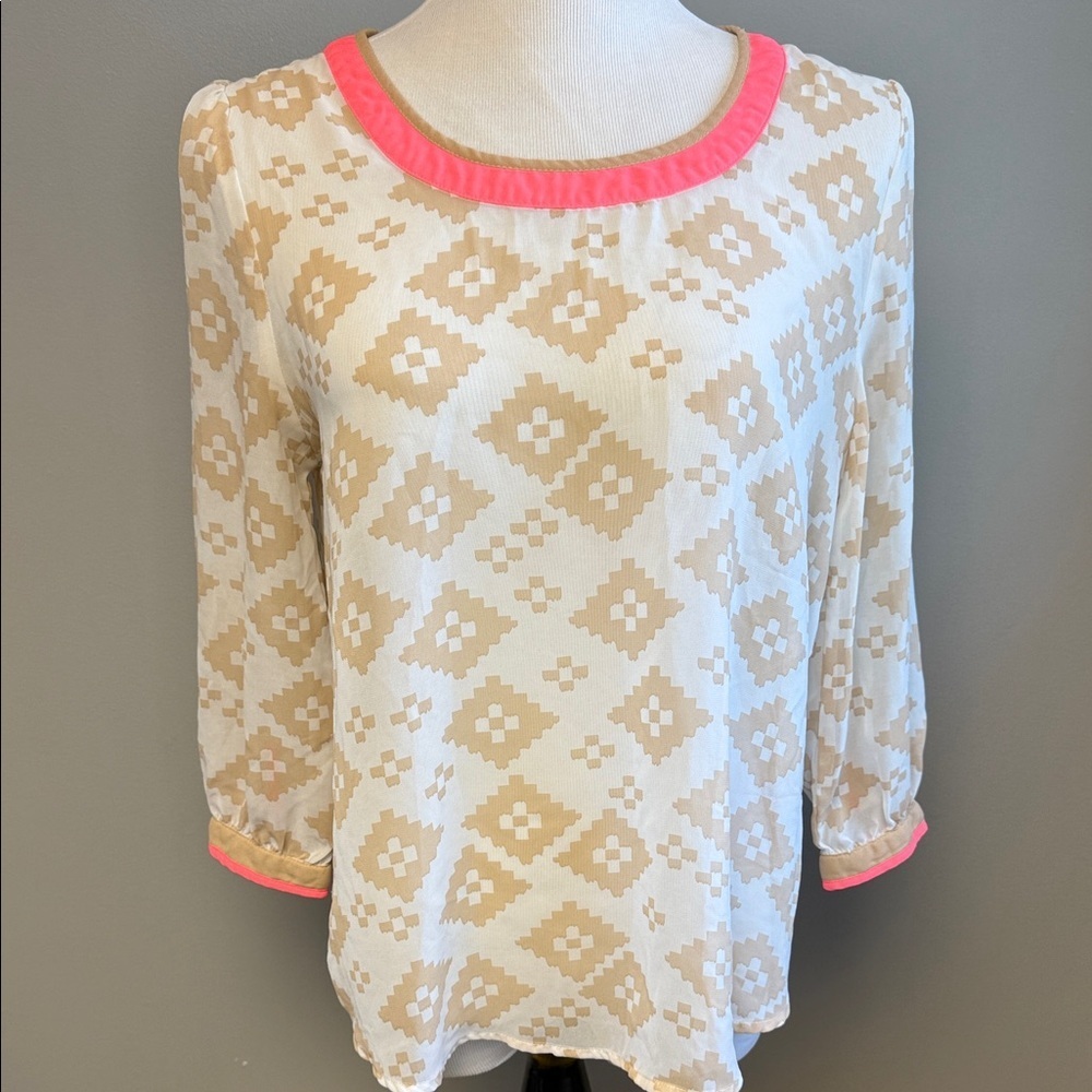 Mine Sheer Geometric Print Blouse w/ Neon Trim Size M